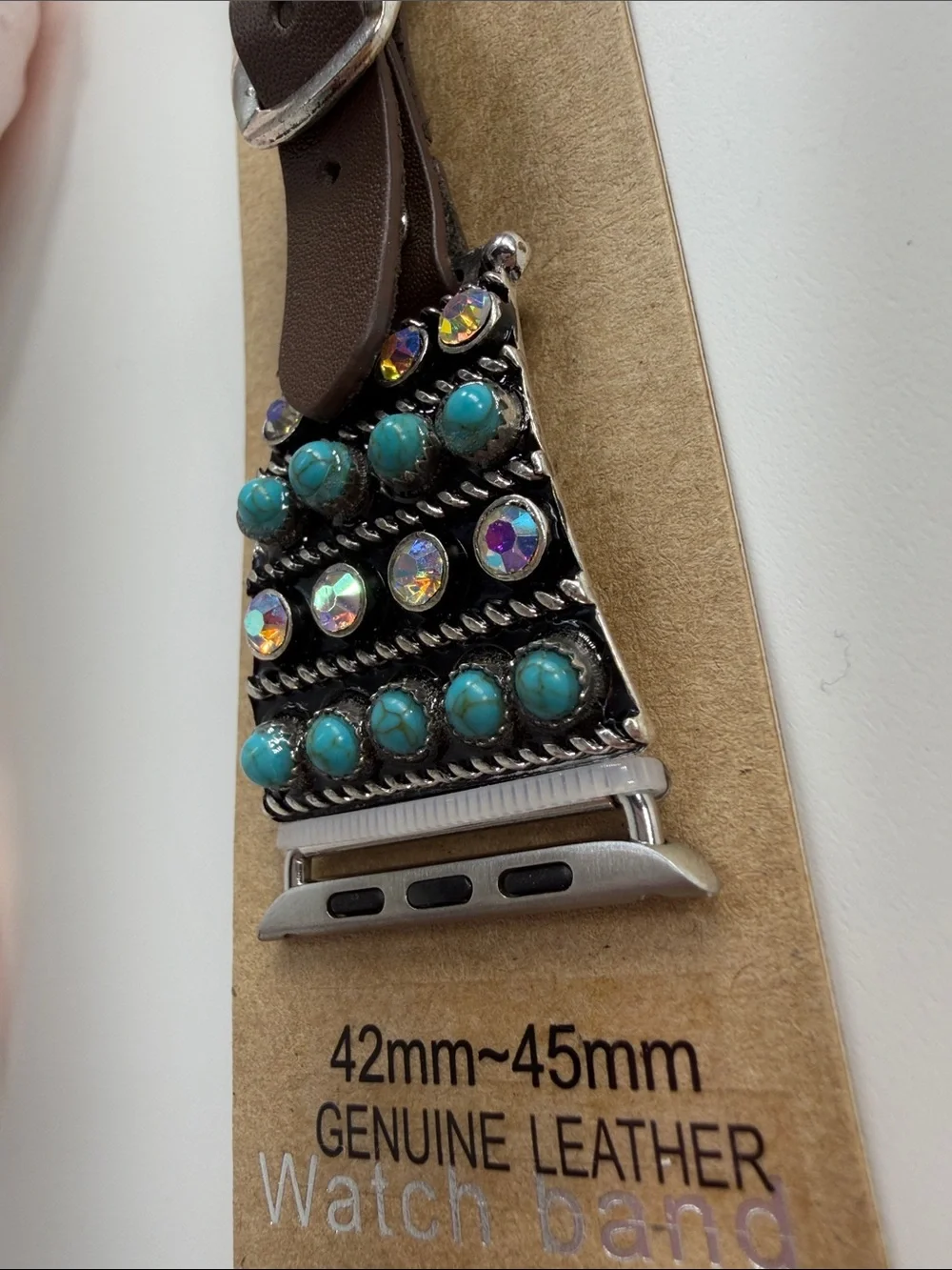 Brown Leather watch Band with Turquoise Beading 42mm~45mm